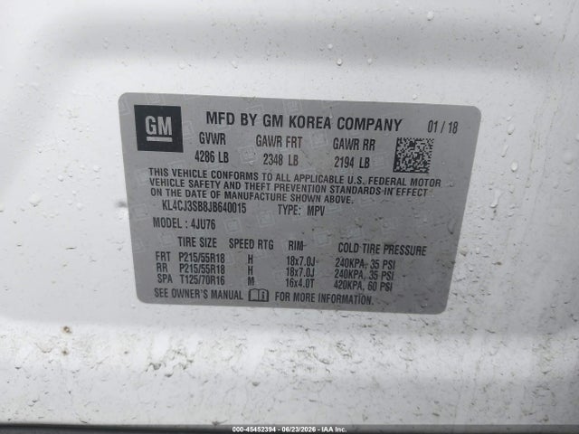 2018 Buick Encore მანქანა იყიდება აუქციონზე, vin: KL4CJ3SB8JB640015, აუქციონის ნომერი: 45452394