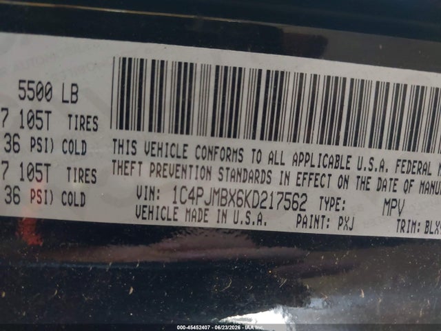 45452407 :رقم المزاد ، 1C4PJMBX6KD217562 vin ، 2019 Jeep Cherokee Trailhawk Elite 4x4 مزاد بيع