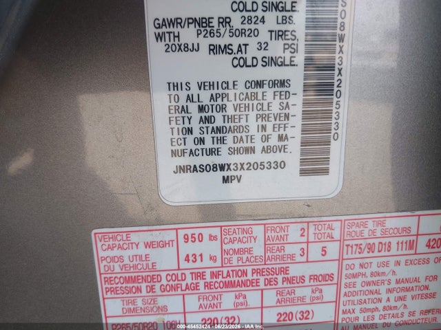 45452424 :رقم المزاد ، JNRAS08WX3X205330 vin ، 2003 Infiniti Fx35 مزاد بيع