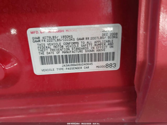 Aukcja sprzedaży 2009 Mitsubishi Lancer Gts, vin: JA3AU86W39U040645, numer aukcji: 45452464