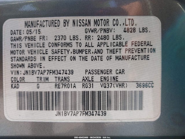 Продаж на аукціоні авто 2015 Infiniti Q50 Sport, vin: JN1BV7AP7FM347439, номер лоту: 45452468