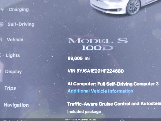 Продаж на аукціоні авто 2017 Tesla Model S 100d/60d/75d/90d/p100d, vin: 5YJSA1E20HF224680, номер лоту: 45452482