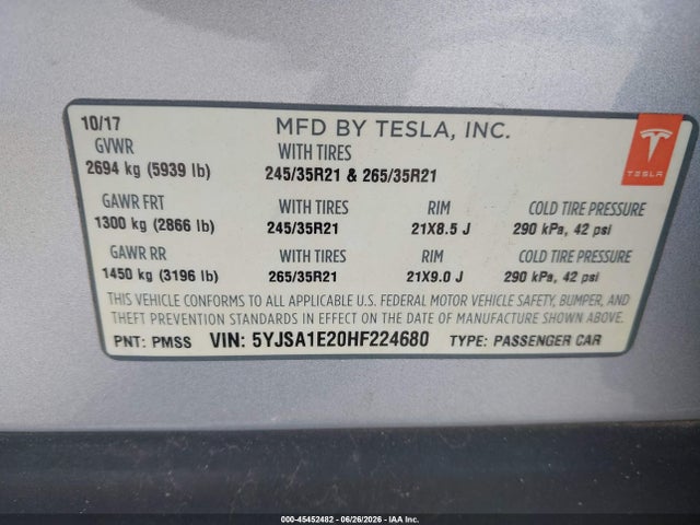 Продаж на аукціоні авто 2017 Tesla Model S 100d/60d/75d/90d/p100d, vin: 5YJSA1E20HF224680, номер лоту: 45452482