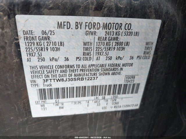 45452501 :رقم المزاد ، 3FTTW8J30SRB12237 vin ، 2025 Ford Maverick Xlt مزاد بيع