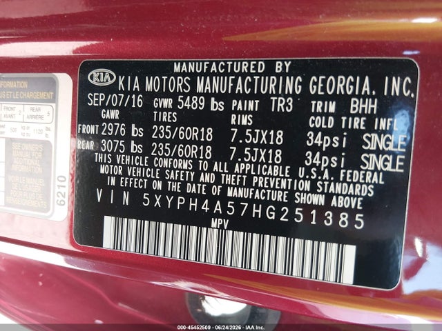 Aukcja sprzedaży 2017 Kia Sorento 3.3l Ex, vin: 5XYPH4A57HG251385, numer aukcji: 45452509