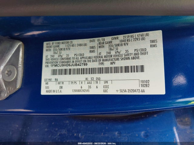 45452532 :رقم المزاد ، 1FMCU9HD6JUB42789 vin ، 2018 Ford Escape Sel مزاد بيع