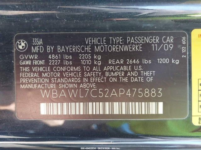 45452534 :رقم المزاد ، WBAWL7C52AP475883 vin ، 2010 Bmw 335i مزاد بيع
