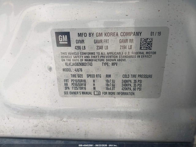 Aukcja sprzedaży 2019 Buick Encore Fwd Preferred, vin: KL4CJASB2KB831743, numer aukcji: 45452561