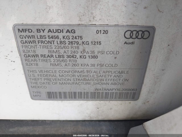 Aukcja sprzedaży 2020 Audi Q5 Premium 45 Tfsi Quattro S Tronic/titanium Premium 45 Tfsi Quattro S Tronic, vin: WA1ANAFYXL2058063, numer aukcji: 45452590
