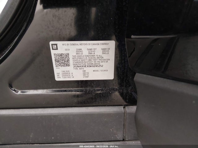 45452605 :رقم المزاد ، 2GNAXVEX5K6245252 vin ، 2019 Chevrolet Equinox Lt مزاد بيع