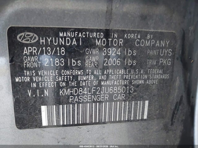 45452613 :رقم المزاد ، KMHD84LF2JU685013 vin ، 2018 Hyundai Elantra Sel مزاد بيع
