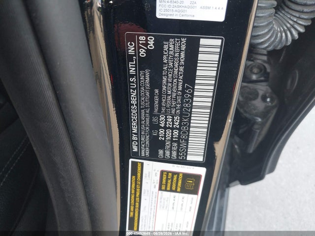 45452649 :رقم المزاد ، 55SWF8DB3KU283967 vin ، 2019 Mercedes-benz C 300 مزاد بيع