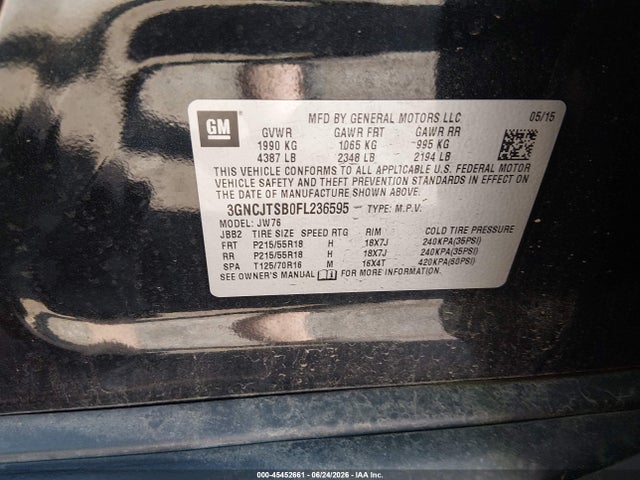 2015 Chevrolet Trax Ltz მანქანა იყიდება აუქციონზე, vin: 3GNCJTSB0FL236595, აუქციონის ნომერი: 45452661