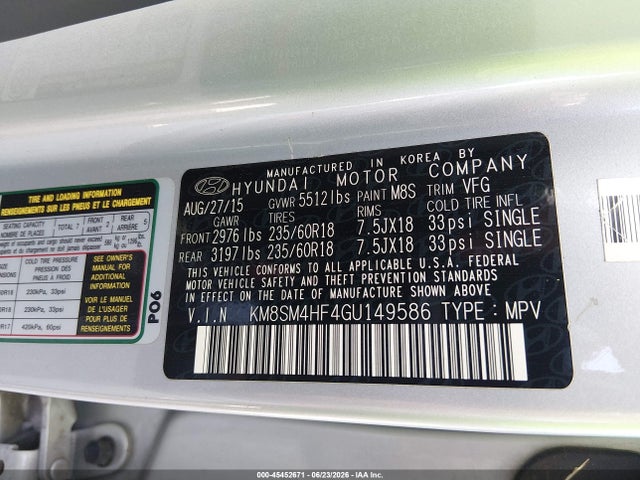 Hyundai Santa Fe Se 2016 KM8SM4HF4GU149586 Image 9