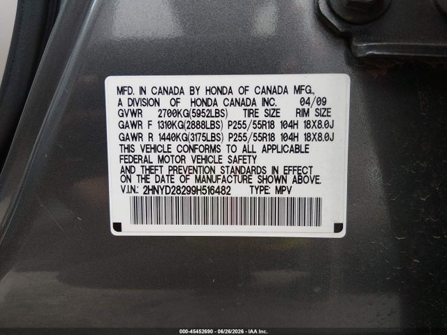 45452690 :رقم المزاد ، 2HNYD28299H516482 vin ، 2009 Acura Mdx مزاد بيع