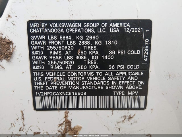 Aukcja sprzedaży 2022 Volkswagen Atlas 2.0t Se W/technology, vin: 1V2HP2CAXNC515509, numer aukcji: 45452706