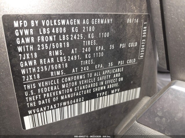 2015 Volkswagen Tiguan Se მანქანა იყიდება აუქციონზე, vin: WVGAV7AX7FW504802, აუქციონის ნომერი: 45452713