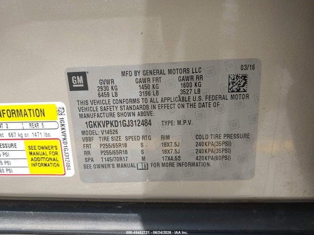 45452721 :رقم المزاد ، 1GKKVPKD1GJ312484 vin ، 2016 Gmc Acadia Sle-2 مزاد بيع