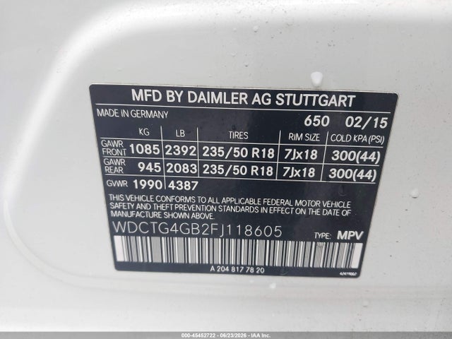 45452722 :رقم المزاد ، WDCTG4GB2FJ118605 vin ، 2015 Mercedes-benz Gla 250 4matic مزاد بيع