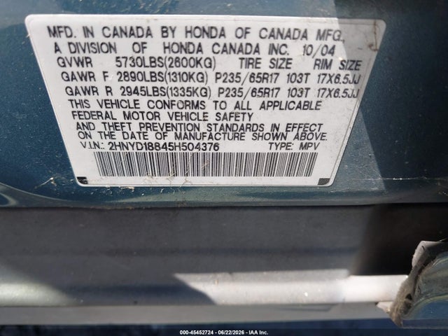 45452724 :رقم المزاد ، 2HNYD18845H504376 vin ، 2005 Acura Mdx مزاد بيع