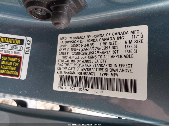 2014 Honda Cr-v Ex-l მანქანა იყიდება აუქციონზე, vin: 2HKRM4H79EH628671, აუქციონის ნომერი: 45452725