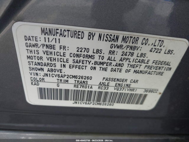Продаж на аукціоні авто 2012 Infiniti G37 Journey, vin: JN1CV6AP2CM626260, номер лоту: 45452758