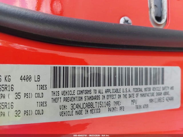 Продаж на аукціоні авто 2020 Jeep Compass Sport Fwd, vin: 3C4NJCAB8LT151146, номер лоту: 45452761