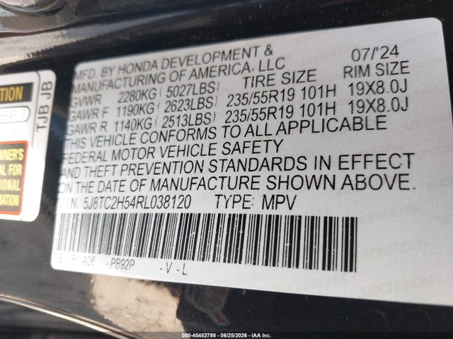 45452798 :رقم المزاد ، 5J8TC2H54RL038120 vin ، 2024 Acura Rdx Technology Package مزاد بيع