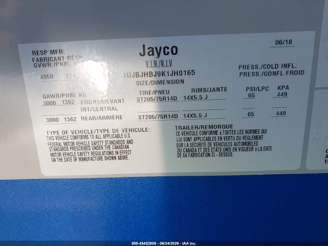 2019 Jayco Other მანქანა იყიდება აუქციონზე, vin: 1UJBJHBJ9K1JH0165, აუქციონის ნომერი: 45452808