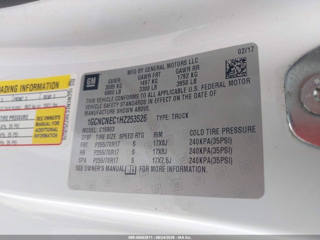 45452811 :رقم المزاد ، 1GCNCNEC1HZ253526 vin ، 2017 Chevrolet Silverado 1500 Wt مزاد بيع