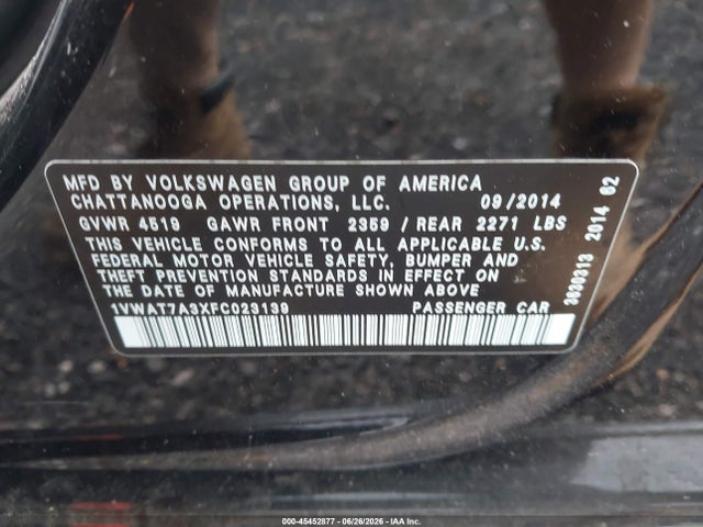 45452877 :رقم المزاد ، 1VWAT7A3XFC023139 vin ، 2015 Volkswagen Passat 1.8t Wolfsburg Edition مزاد بيع
