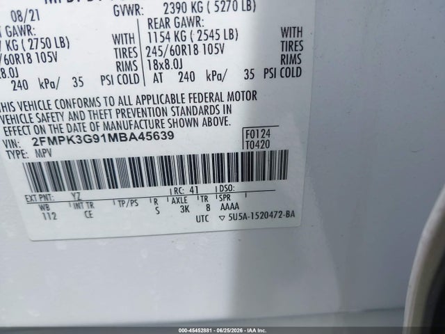 Aukcja sprzedaży 2021 Ford Edge Se, vin: 2FMPK3G91MBA45639, numer aukcji: 45452881