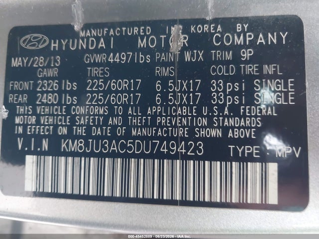 Aukcja sprzedaży 2013 Hyundai Tucson Gls, vin: KM8JU3AC5DU749423, numer aukcji: 45452889