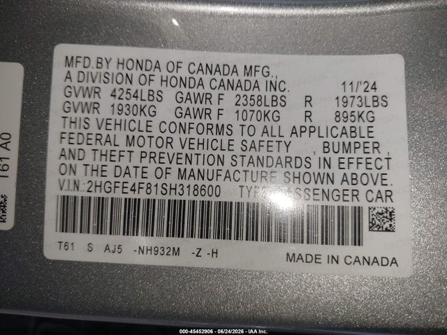 Aukcja sprzedaży 2025 Honda Civic Hybrid Sport/sport Touring, vin: 2HGFE4F81SH318600, numer aukcji: 45452906