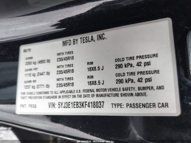 Tesla Model 3 Long Range/performance 2019 5YJ3E1EB3KF418037 Image 9
