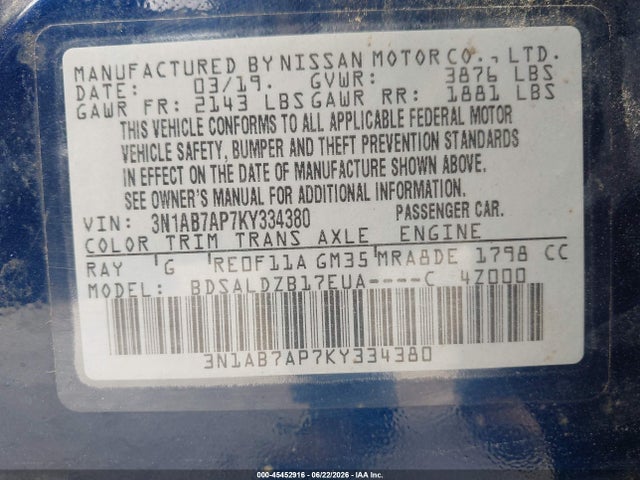 Aukcja sprzedaży 2019 Nissan Sentra Sv, vin: 3N1AB7AP7KY334380, numer aukcji: 45452916