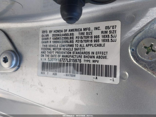 2007 Honda Element Ex მანქანა იყიდება აუქციონზე, vin: 5J6YH18727L015976, აუქციონის ნომერი: 45452919