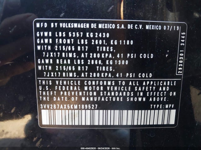 2019 Volkswagen Tiguan 2.0t Se/2.0t Sel/2.0t Sel R-line/2.0t Sel R-line Black მანქანა იყიდება აუქციონზე, vin: 3VV2B7AX5KM189527, აუქციონის ნომერი: 45452920