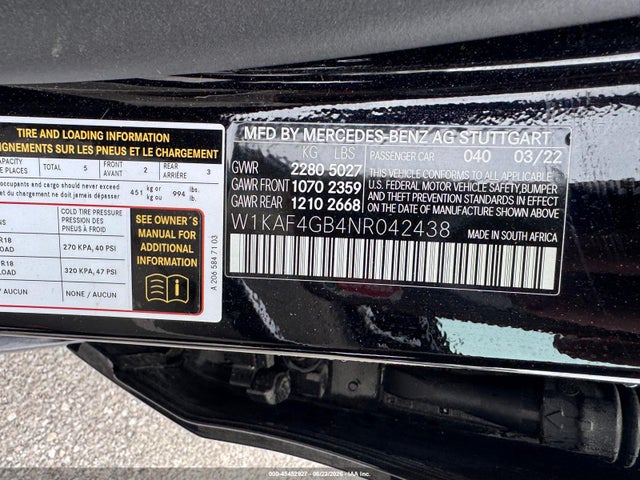 2022 Mercedes-benz C 300 Sedan მანქანა იყიდება აუქციონზე, vin: W1KAF4GB4NR042438, აუქციონის ნომერი: 45452927