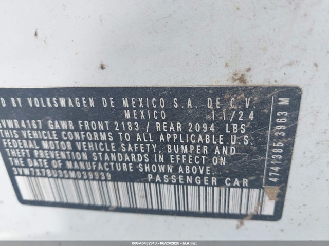 Aukcja sprzedaży 2025 Volkswagen Jetta 1.5t Se, vin: 3VW7X7BU3SM039939, numer aukcji: 45452943