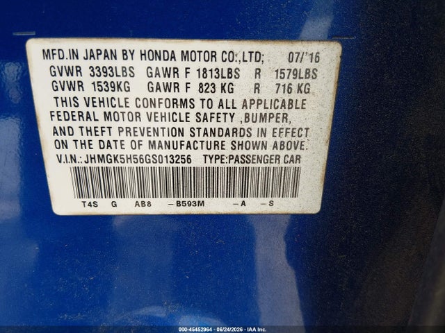 Aukcja sprzedaży 2016 Honda Fit Lx, vin: JHMGK5H56GS013256, numer aukcji: 45452964