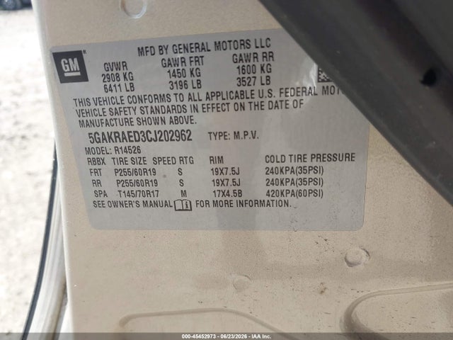 45452973 :رقم المزاد ، 5GAKRAED3CJ202962 vin ، 2012 Buick Enclave مزاد بيع