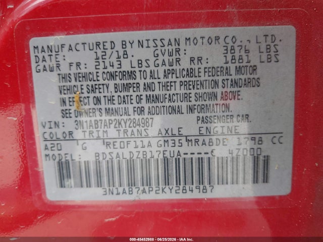 2019 Nissan Sentra Sv მანქანა იყიდება აუქციონზე, vin: 3N1AB7AP2KY284987, აუქციონის ნომერი: 45452988