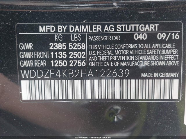 45452991 :رقم المزاد ، WDDZF4KB2HA122639 vin ، 2017 Mercedes-benz E 300 4matic مزاد بيع