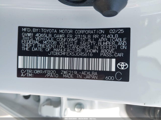 JTDBCMFEXSJ045616 Toyota Corolla Hybrid Le