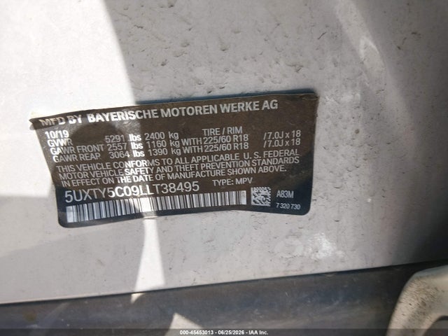 45453013 :رقم المزاد ، 5UXTY5C09LLT38495 vin ، 2020 Bmw X3 Xdrive30i مزاد بيع
