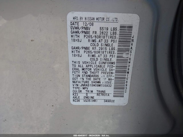 Продаж на аукціоні авто 2009 Infiniti Fx35, vin: JNRAS18W09M156932, номер лоту: 45453017