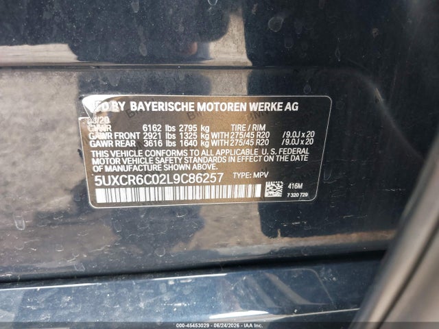 45453029 :رقم المزاد ، 5UXCR6C02L9C86257 vin ، 2020 Bmw X5 Xdrive40i مزاد بيع