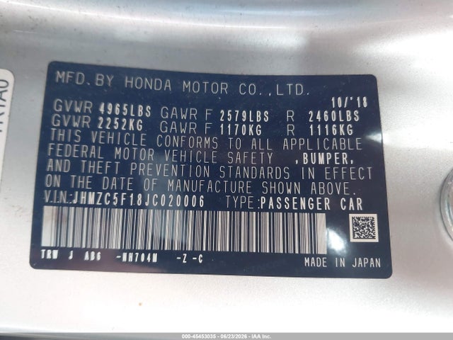 JHMZC5F18JC020006 Honda CLARITY PLUG-IN HYBRID