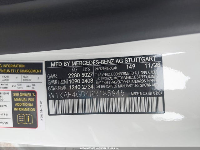 45453072 :رقم المزاد ، W1KAF4GB4RR185945 vin ، 2024 Mercedes-benz C 300 مزاد بيع